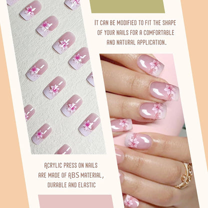 24 Stück Blumen Design Press On Nails Fake Nägel Kurz Quadrat