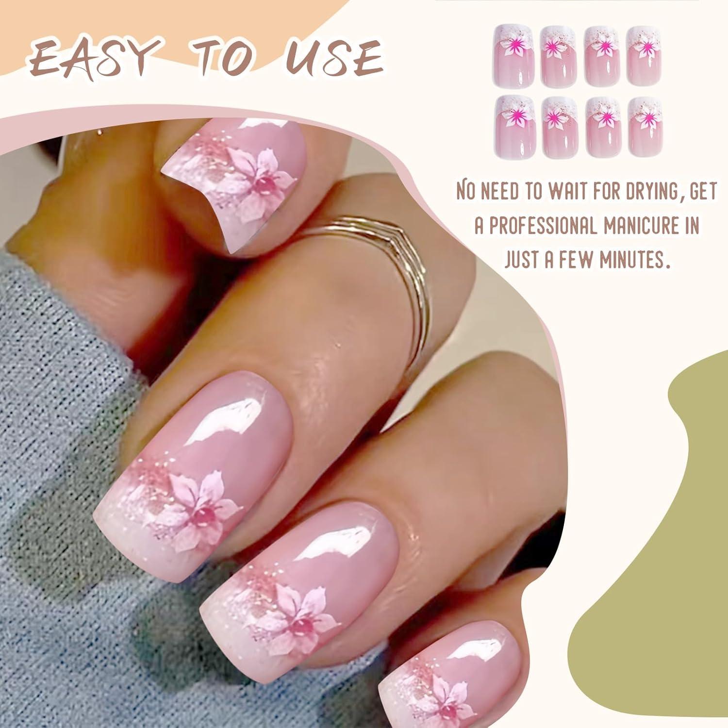 24er Set Press On Nails Quadrat Kurz Neutral Nude Blumen Design