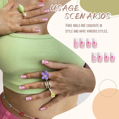 24er Set Press On Nails Quadrat Kurz Neutral Nude Blumen Design
