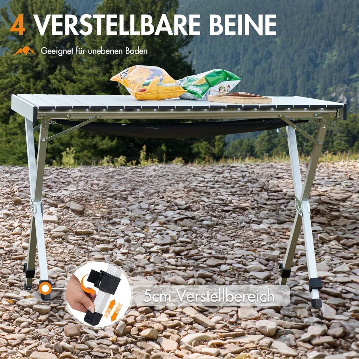 PORTAL Campingtisch faltbar, höhenverstellbar, 108x71cm, Aluminium, rollbar