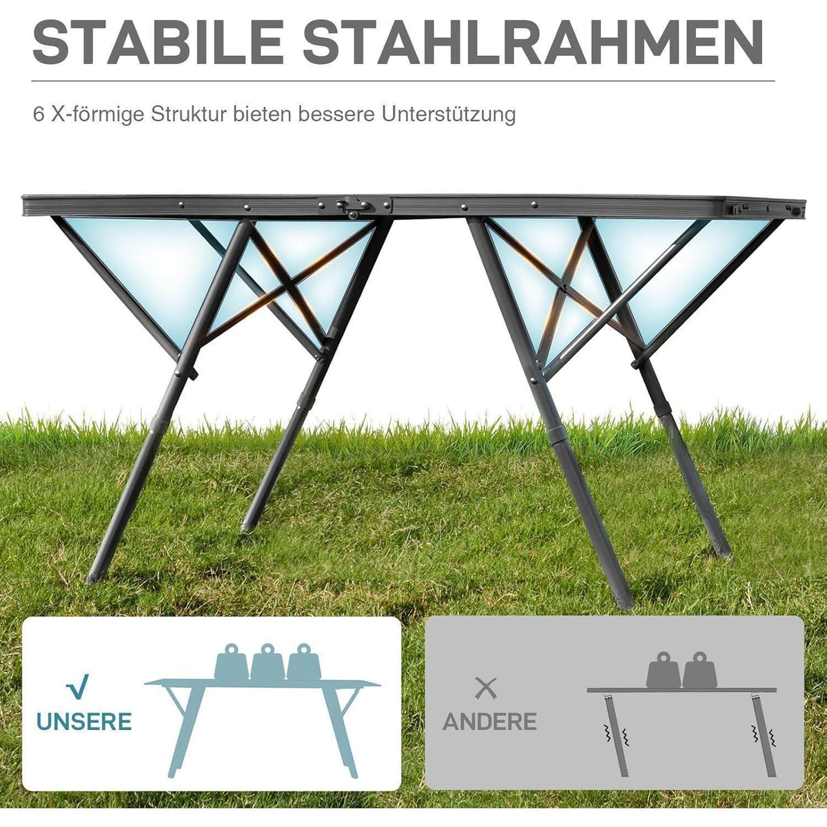 Faltbarer Campingtisch XL 120x60cm für 4-6 Personen, 2 Höhen, bis 60kg