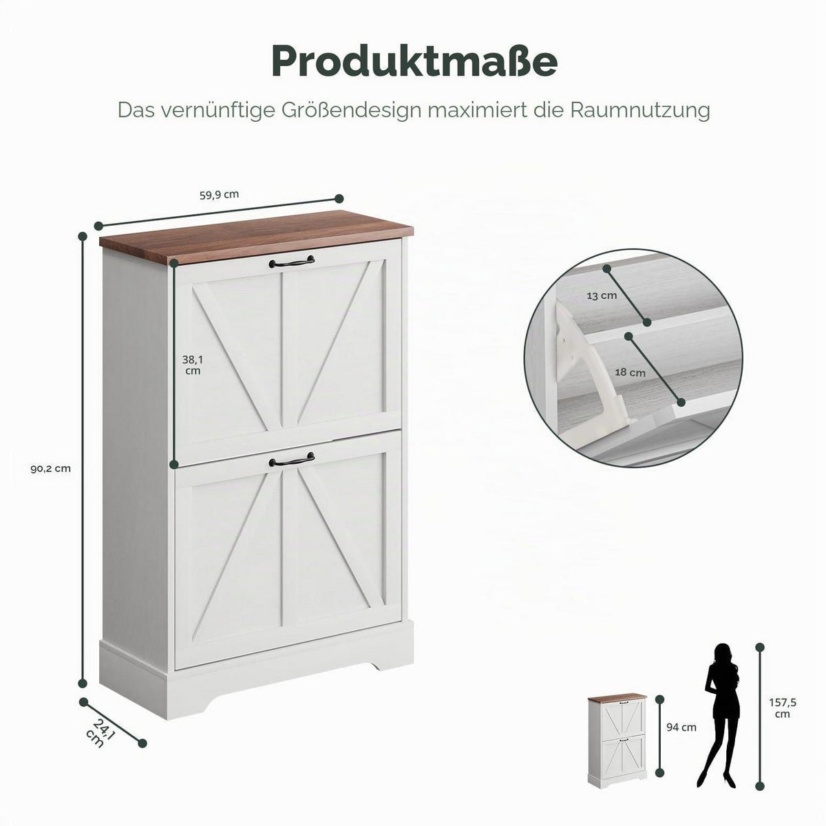 Schmaler Schuhschrank mit Klappschubladen – Weißer Bauernhaus-Stil
