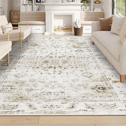 Beiger Boho Teppich 160x230cm – Waschbarer Kurzflor Vintage Teppich
