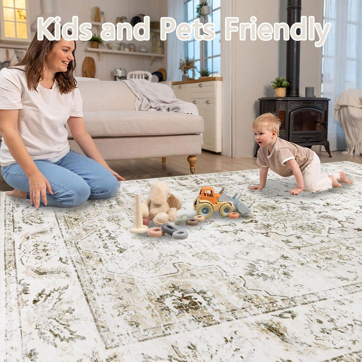 Beiger Boho Teppich 160x230cm – Waschbarer Kurzflor Vintage Teppich