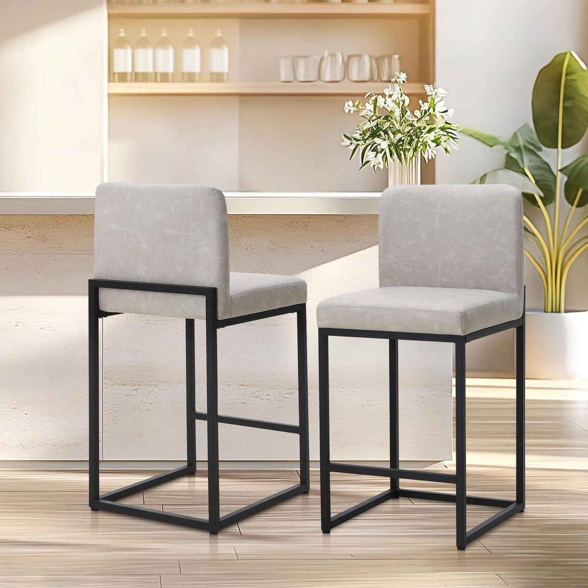 Barhocker Set 2er mit Lehne & Fußstütze – Beige