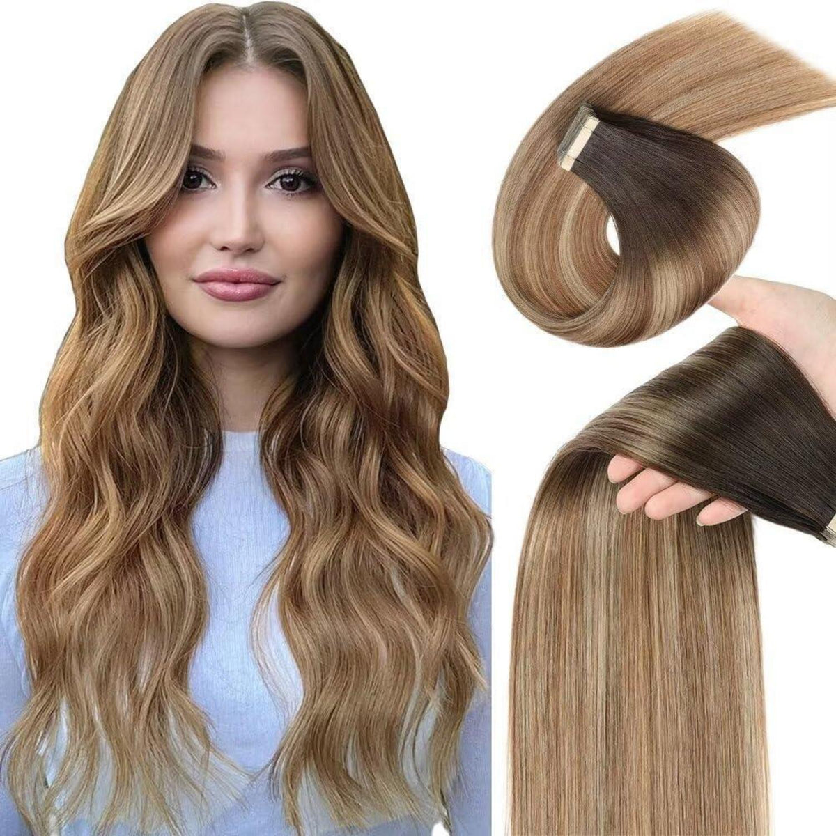 Echthaar Tape Extensions Goldbraun Balayage 60cm