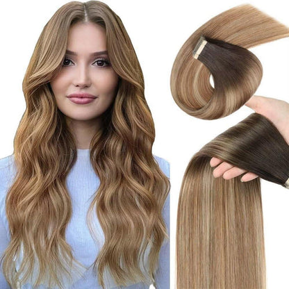 Echthaar Tape Extensions Goldbraun Balayage 60cm