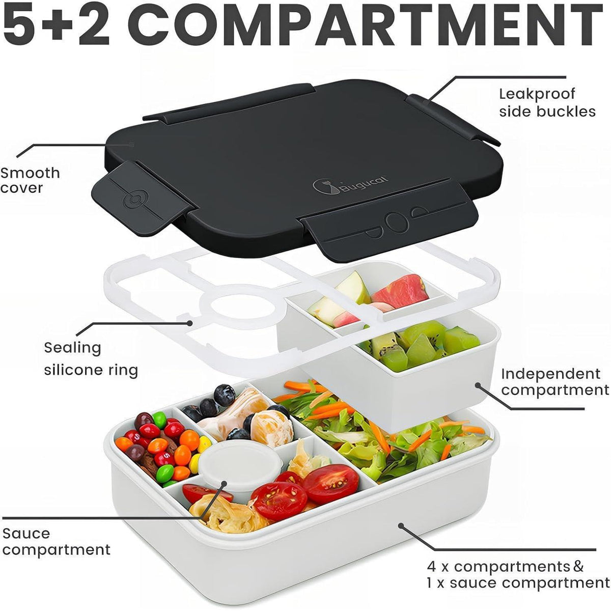 Bento Box Kinder 1300ML Auslaufsicher mit 5 Fächern Schwarz