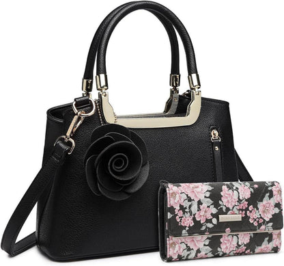 Miss Lulu Damen Handtasche mit Geldbörse 2PCS Set Schwarz PU Leder