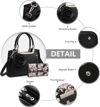 Miss Lulu Damen Handtasche mit Geldbörse 2PCS Set Schwarz PU Leder