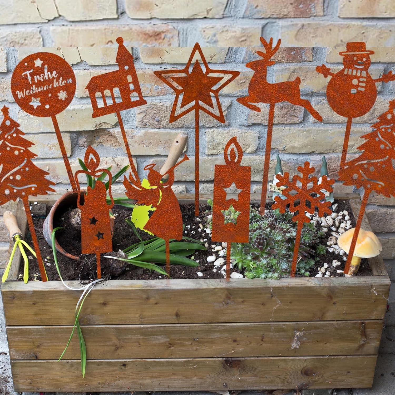 JINGTOPS Weihnachtsdeko Gartenstecker Rost 12er Set Wetterfest