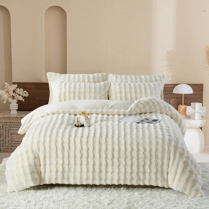 Plüsch Bettwäsche Set 200x220 Creme Weiß, Winterwarm & Kuschelig