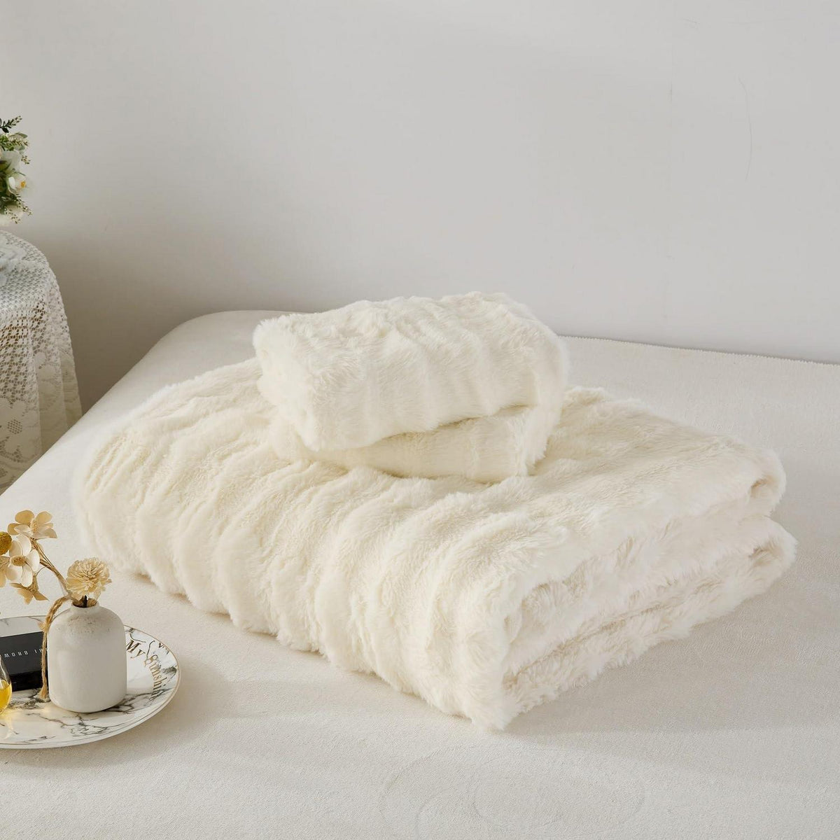 Plüsch Bettwäsche Set 200x220 Creme Weiß, Winterwarm & Kuschelig