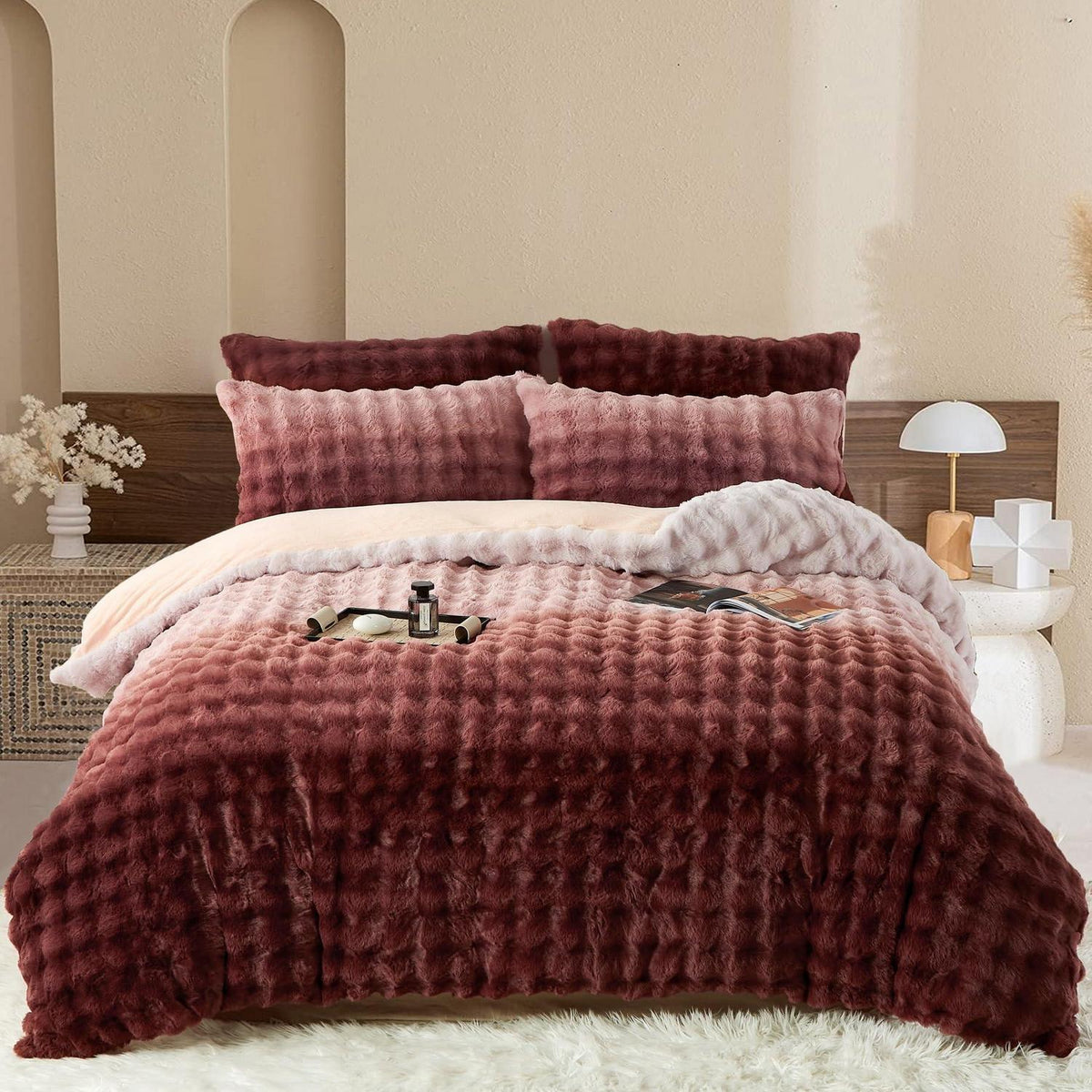 Plüsch Bettwäsche Set 200x200 Rosa Braun Winterwarm