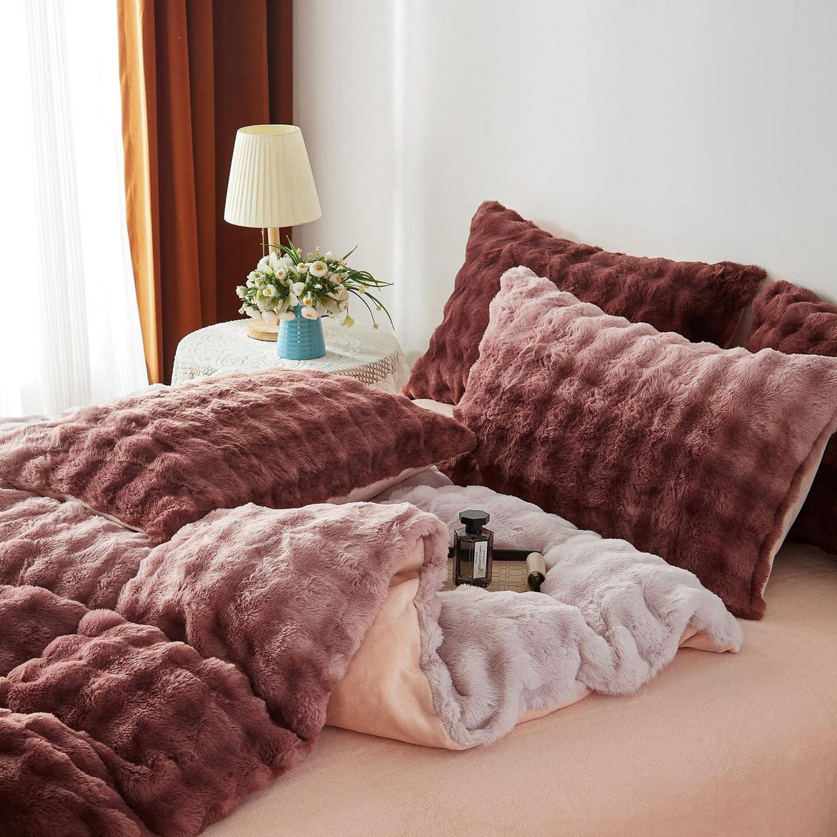 Plüsch Bettwäsche Set 200x200 Rosa Braun Winterwarm