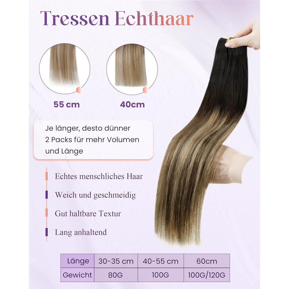 Echthaar Tressen Blayage Schwarz Ombre 50cm - 100g