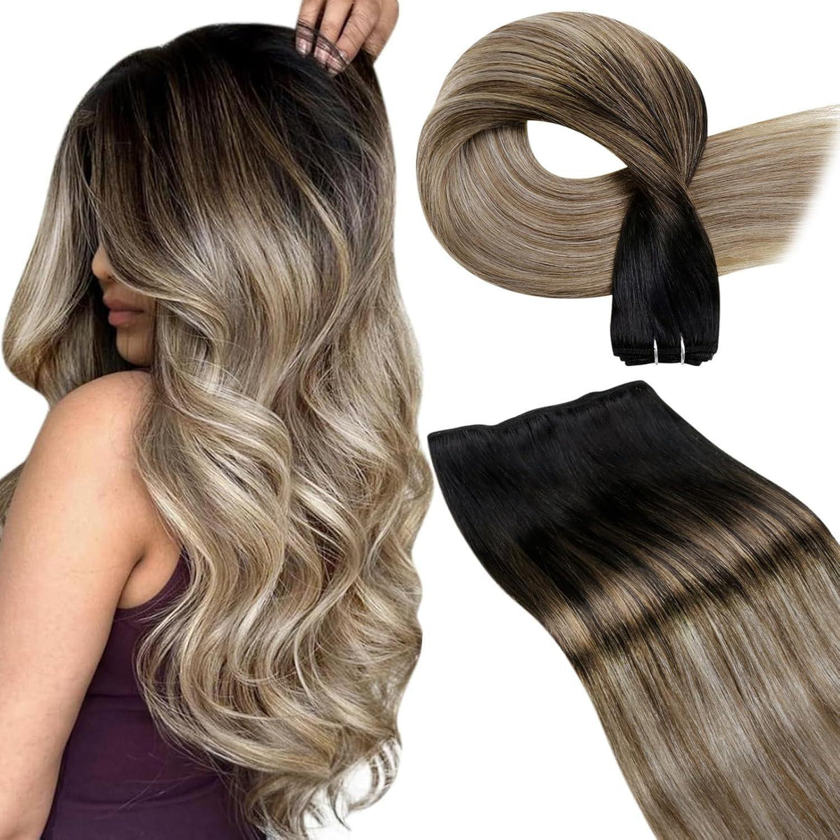 Echthaar Tressen Ombre Schwarz-Karamellblond 35cm 80G
