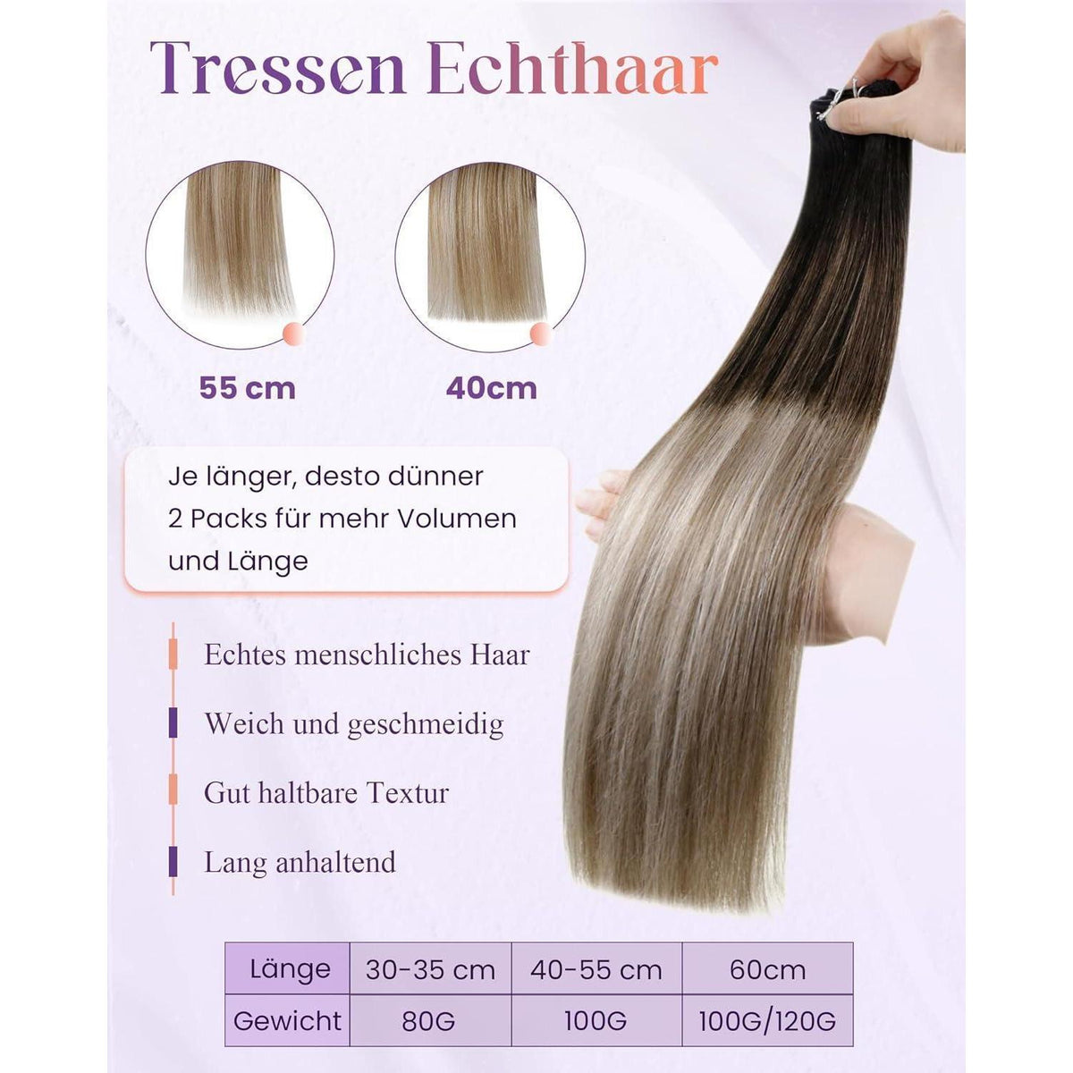 Echthaar Tressen Ombre Schwarz-Karamellblond 35cm 80G