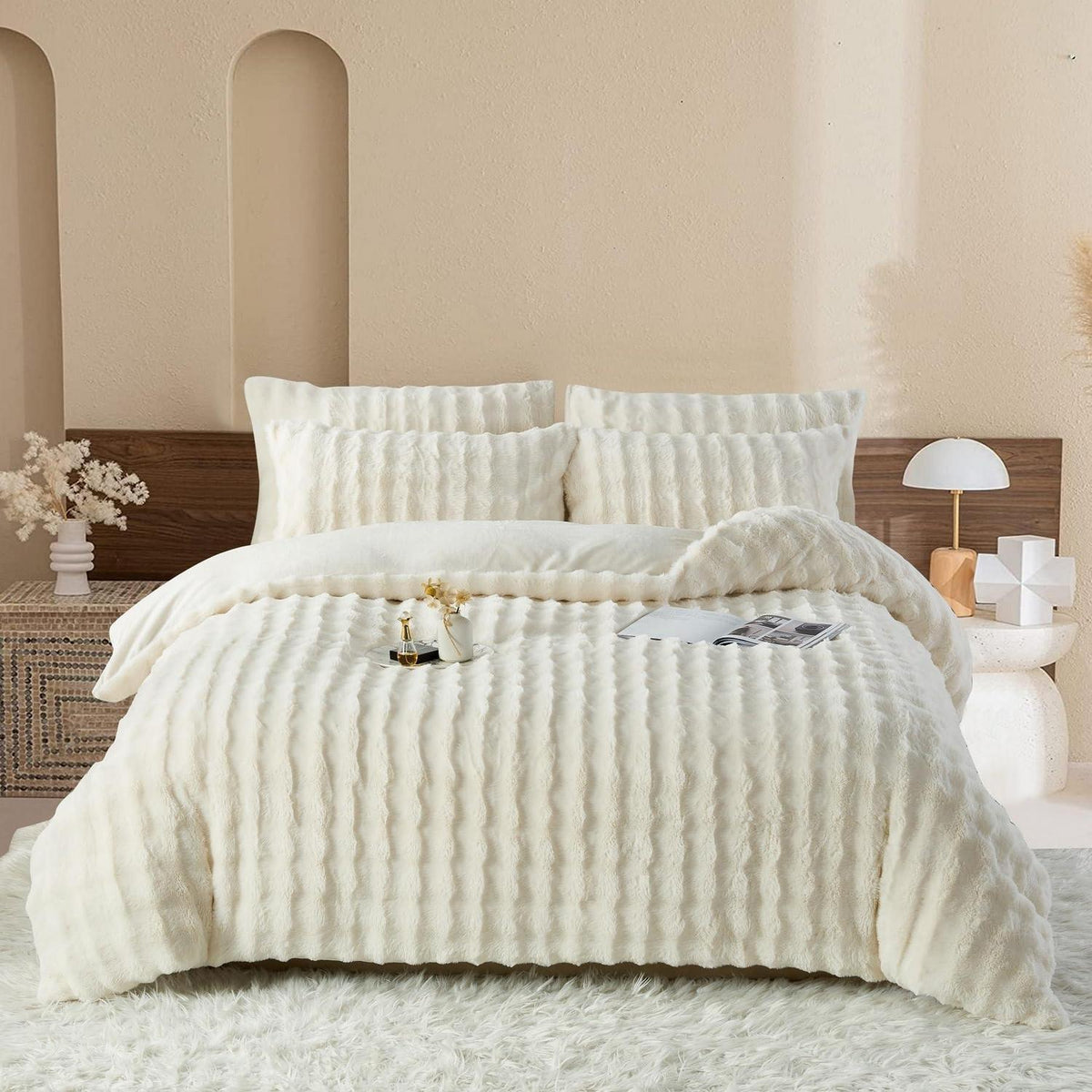 Plüsch Bettwäsche Set 200x200 Creme Weiß, Winterwarm & Kuschelig