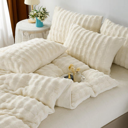 Plüsch Bettwäsche Set 200x200 Creme Weiß, Winterwarm & Kuschelig
