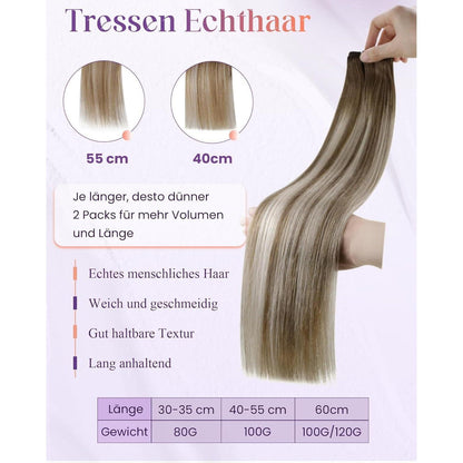 Echthaar Tressen Braun Balayage 60cm - Haarverlängerung