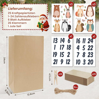 Adventskalender 2025 Waldtiere Tüten groß DIY Befüllen 25 Papiertüten braun