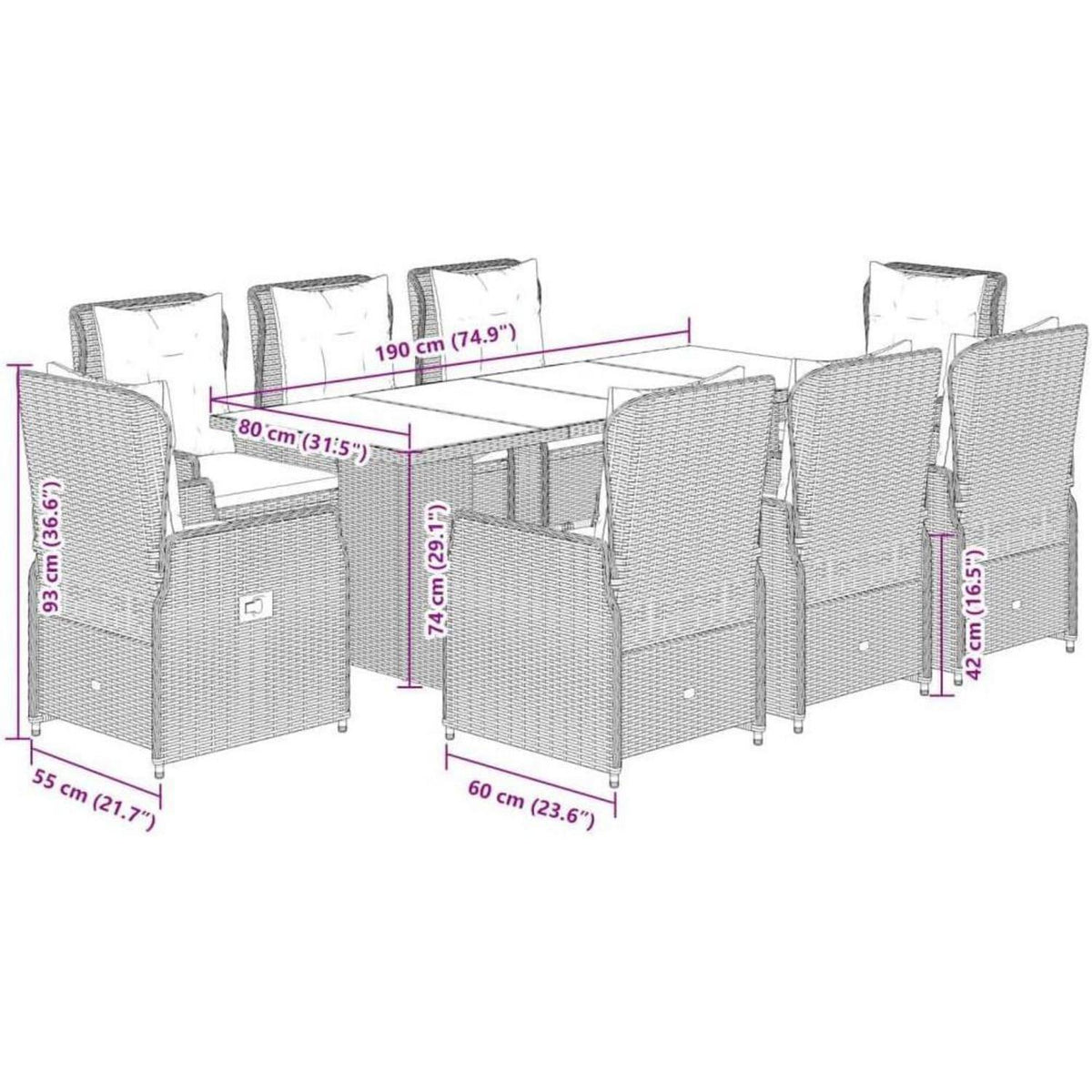 Polyrattan Essgruppe 8 Personen mit verstellbaren Hochlehnern und Glasplatte