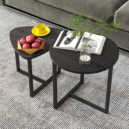 Runder Couchtisch 2er-Set Beistelltisch Metallrahmen Holzoptik