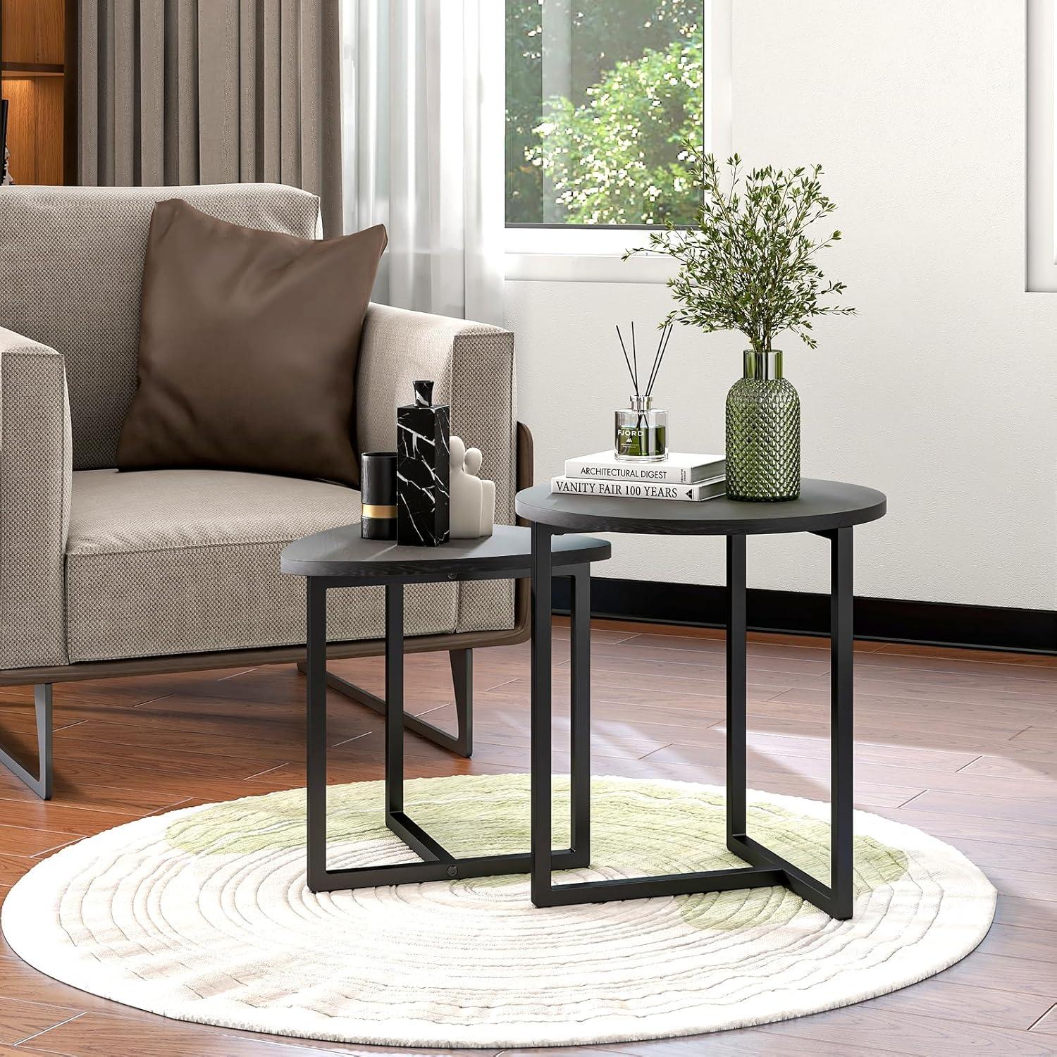 HOJINLINERO Runder Beistelltisch Set Metall Holzoptik Wohnzimmer Sofa