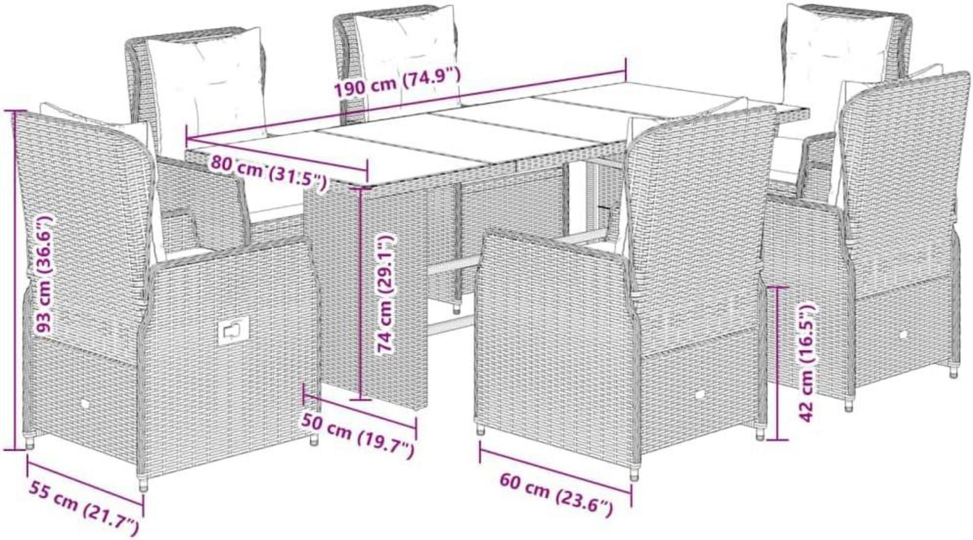 Polyrattan Gartenmöbel Set 6 Personen mit Tisch und 6 Hochlehner Stühlen Grau