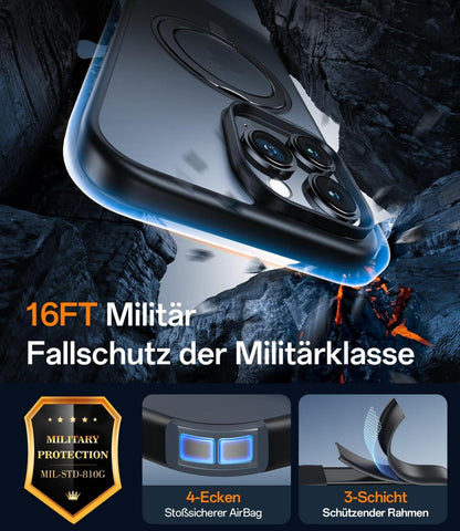 360° Magic Stand iPhone 16 Pro Hülle Militärschutz Unsichtbarer Ständer Schwarz