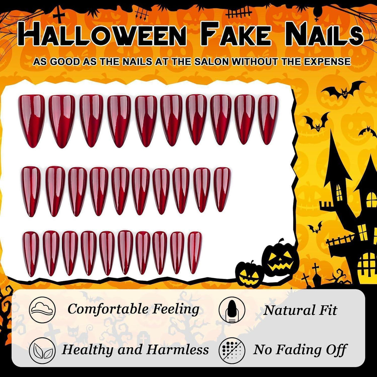 24 Halloween Press On Nails Rot Mandel – Künstliche Nägel Aufkleben