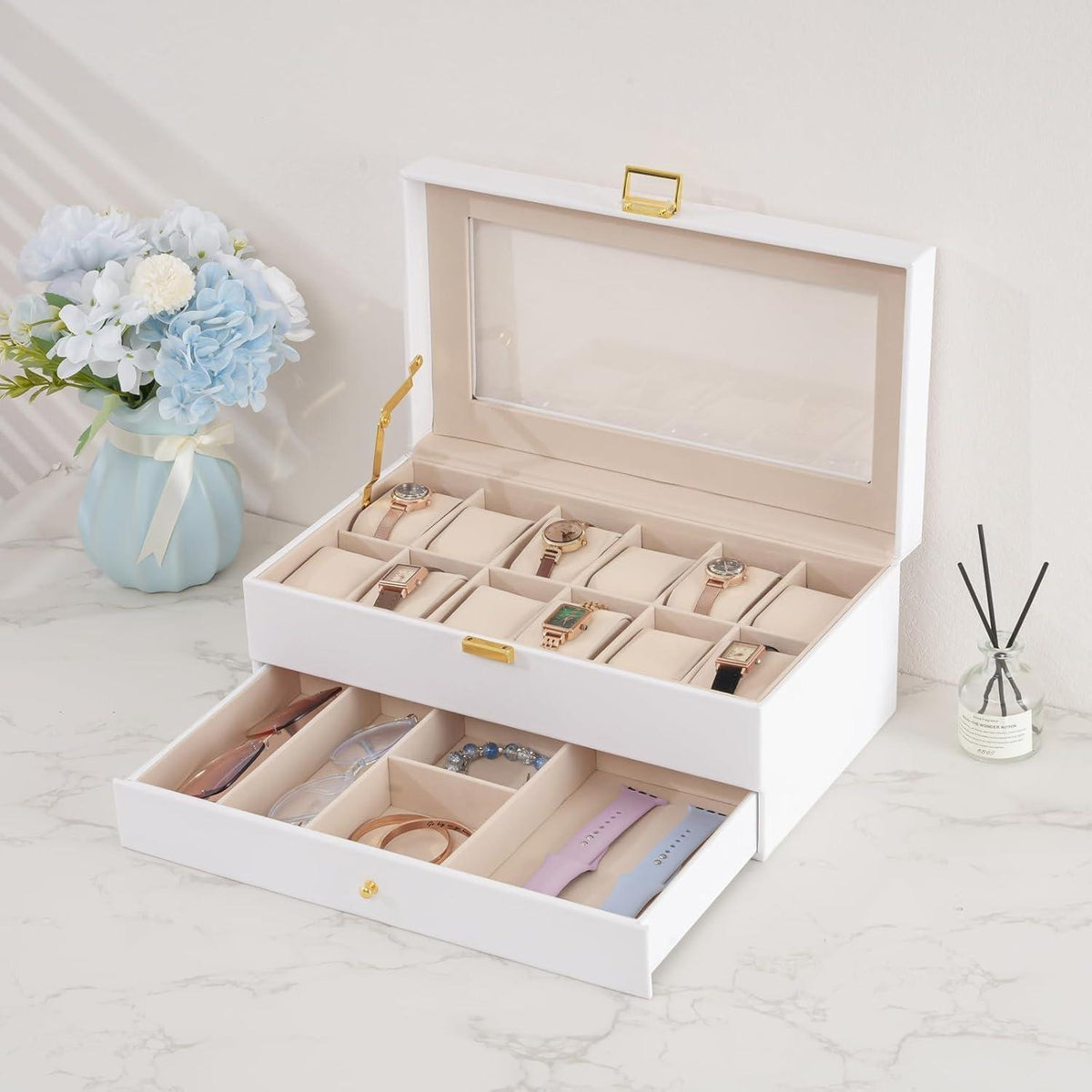ProCase Uhrenbox 12 Fächer 2 Ebenen Glasdeckel Weiß