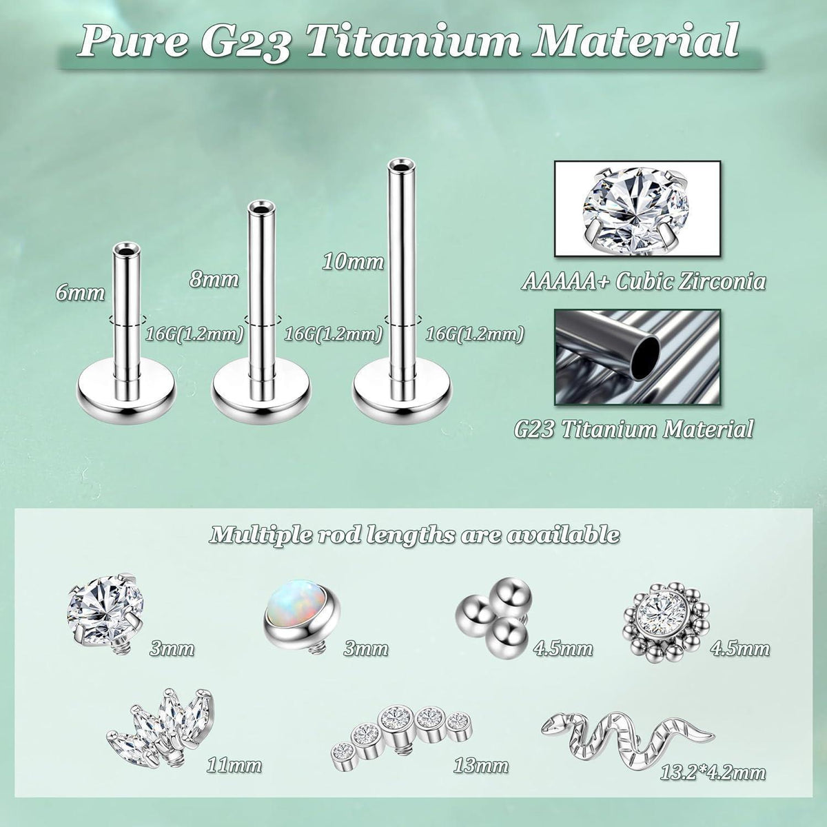 G23 Titan Piercing Set mit Innengewinde, Helix, Tragus, Lippen, Conch
