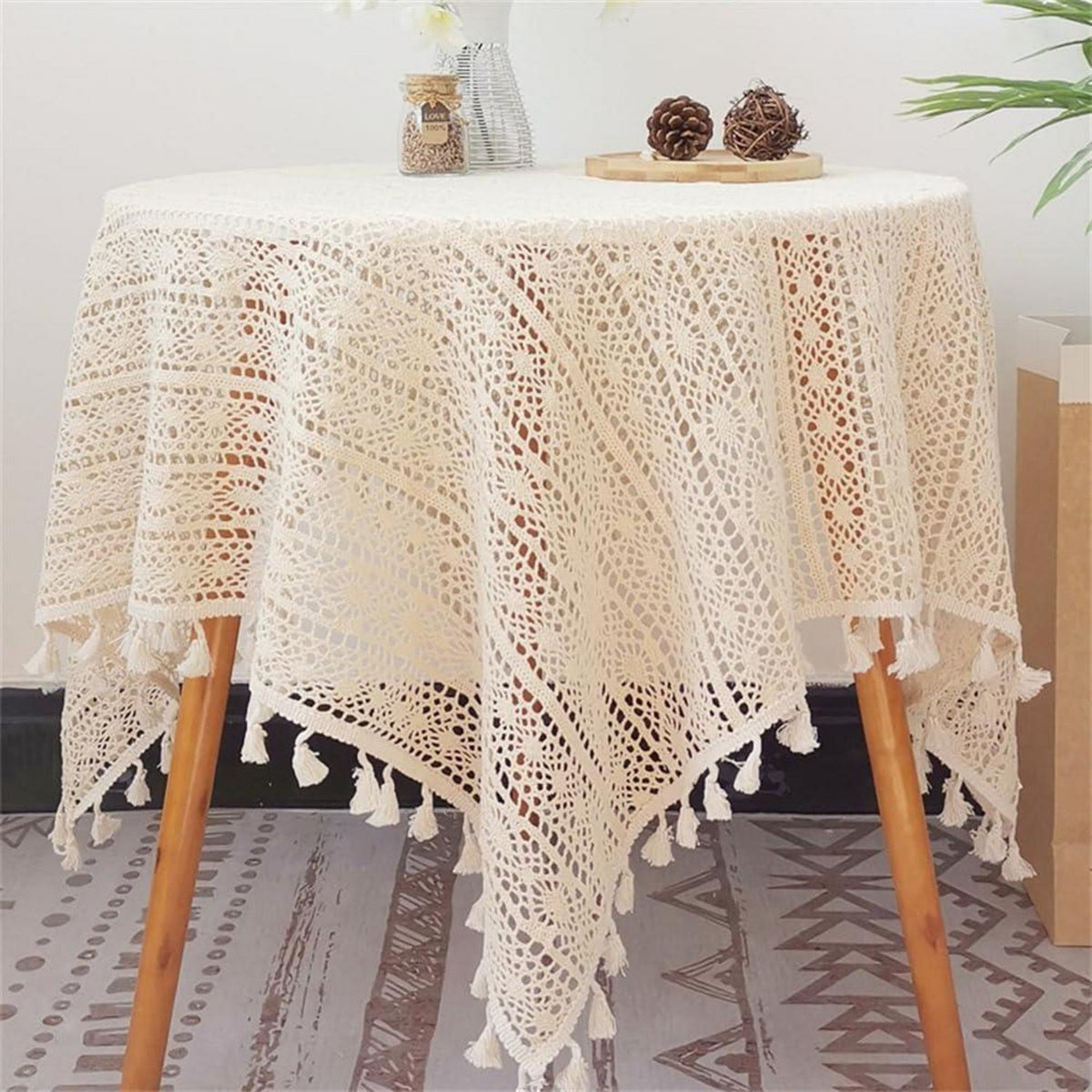 Quadratische Häkel Tischdecke Beige Vintage Spitze 105x105cm