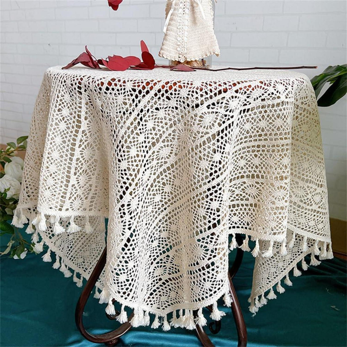 Quadratische Häkel Tischdecke Beige Vintage Spitze 105x105cm
