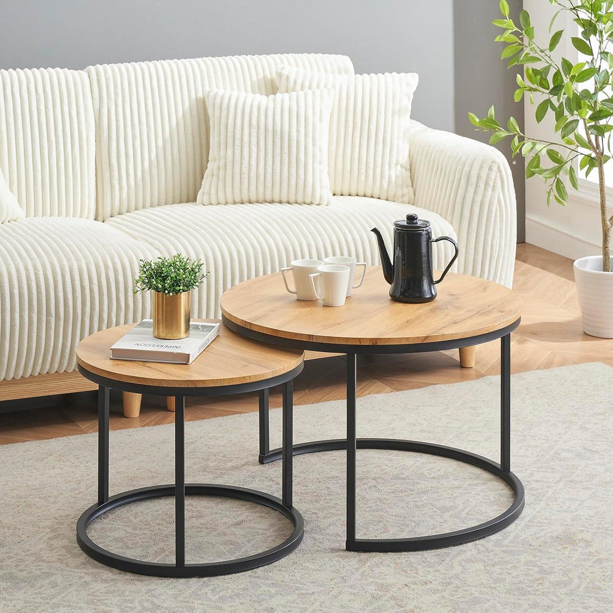 Moderne Couchtisch 2er Set Schwarz Metallgestell Eiche Rund
