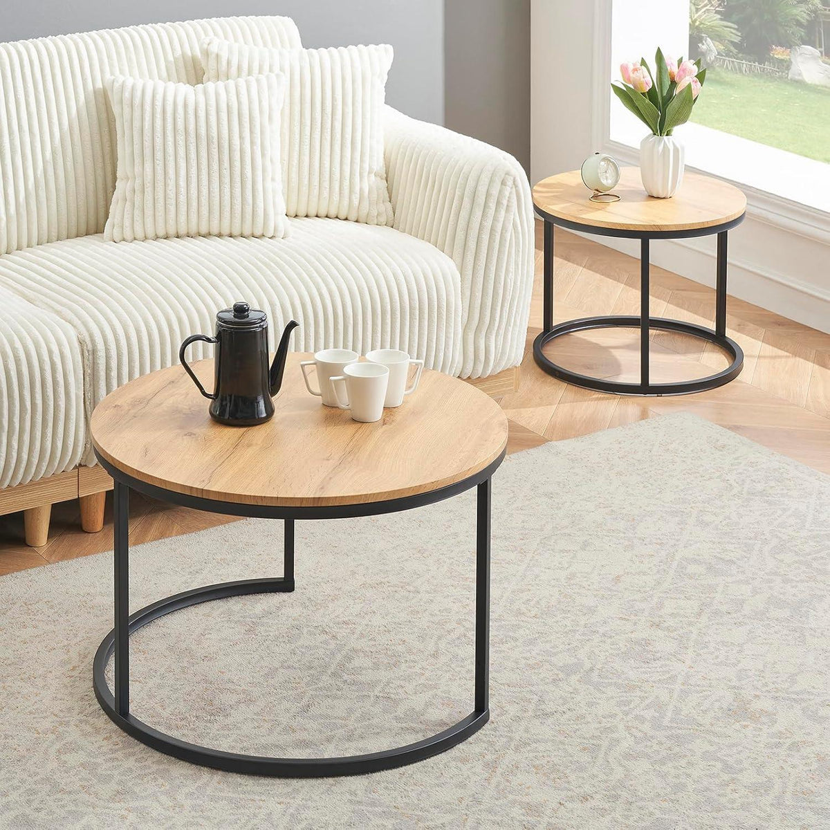 Schwarze Couchtische Set Eiche Metallgestell Rund 70x70 & 50x50 cm