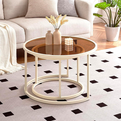 Soayone Couchtisch Glas Weiß Braun Modern Rund 2er Set