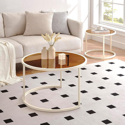 Wohnzimmertisch Glas Weiß Braunes Runder Couchtisch Set Modern 2er-Set 70x70x45