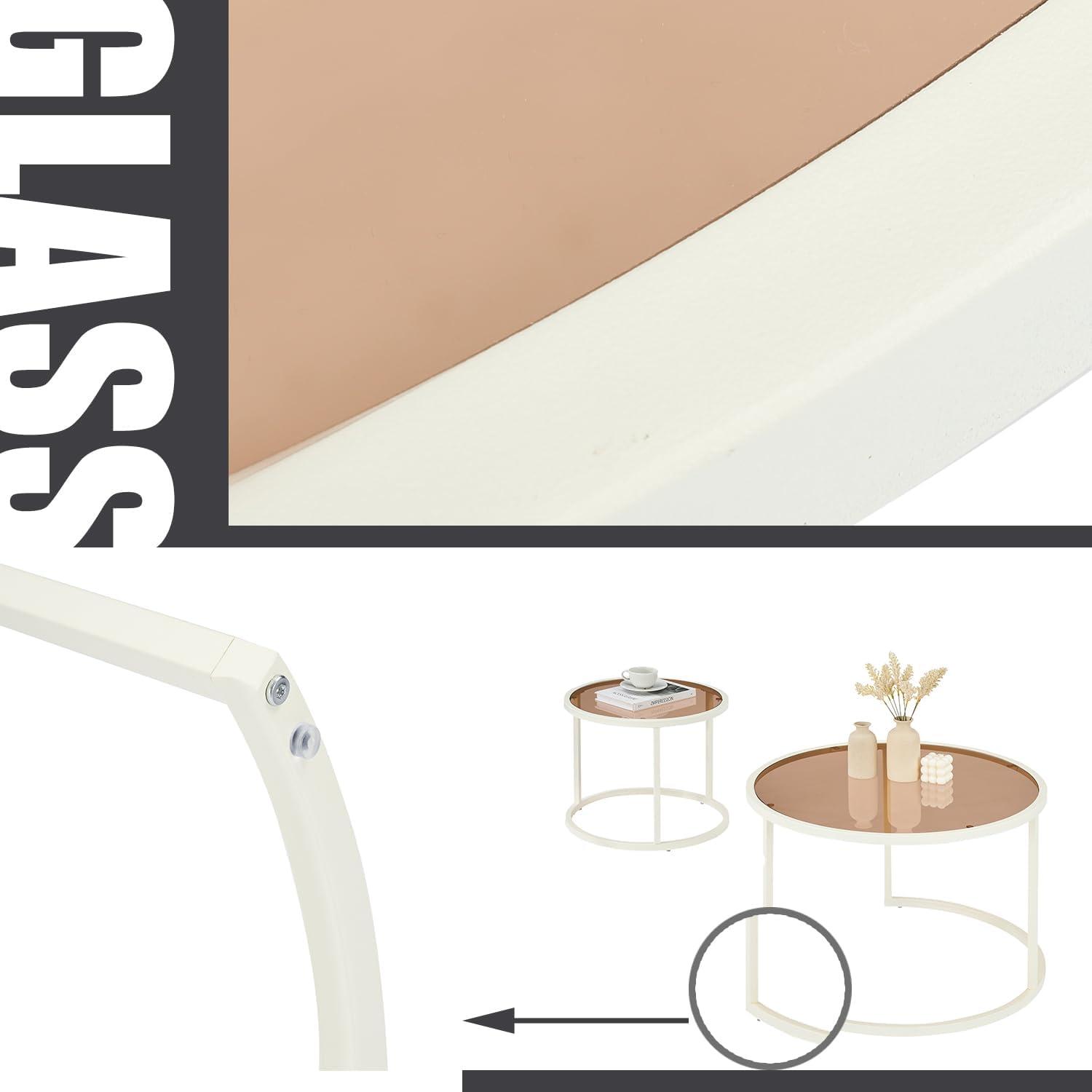 Wohnzimmertisch Glas Weiß Braunes Runder Couchtisch Set Modern 2er-Set 70x70x45