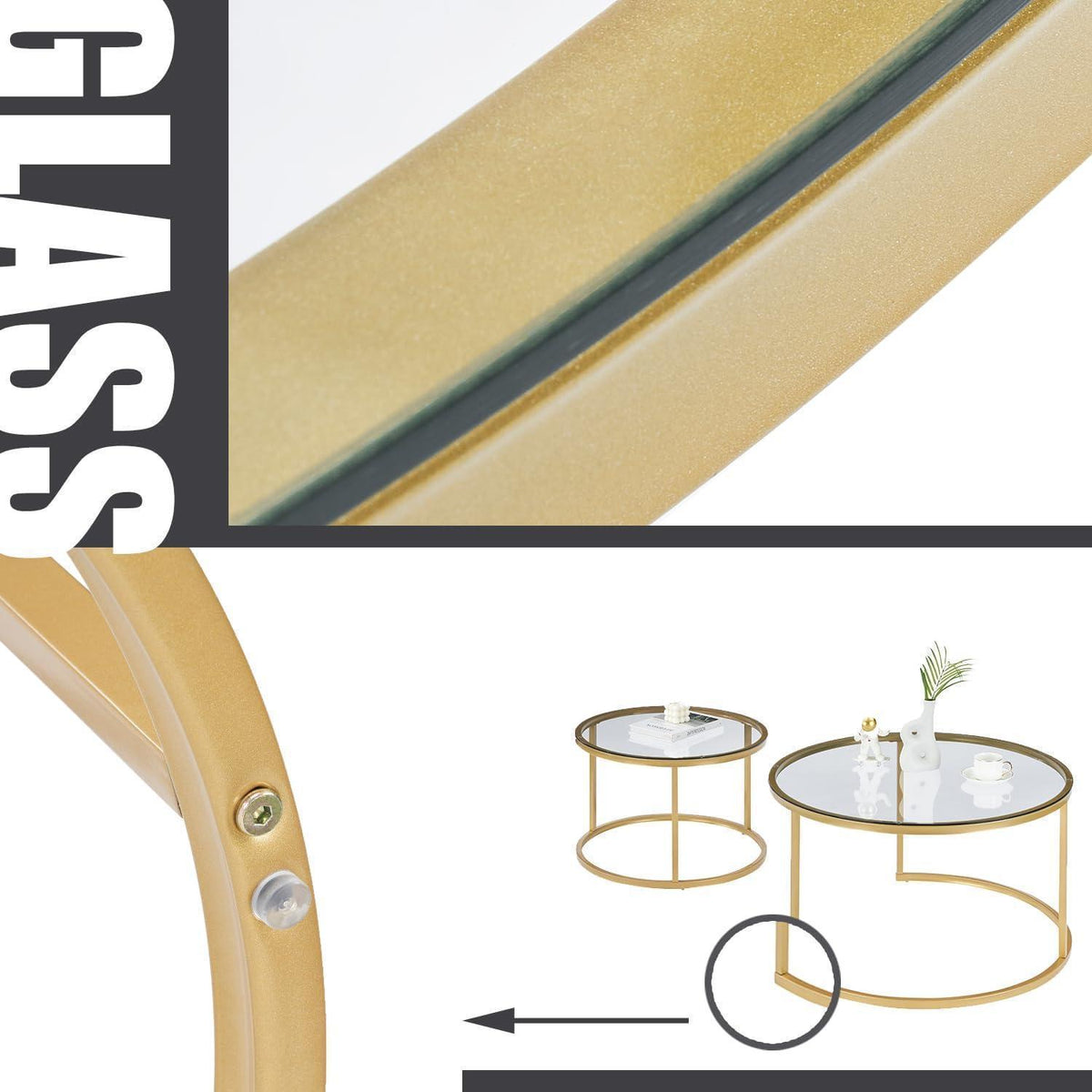 Couchtisch 2er Set Glas mit Gold Metallgestell rund 80x80 & 60x60 cm