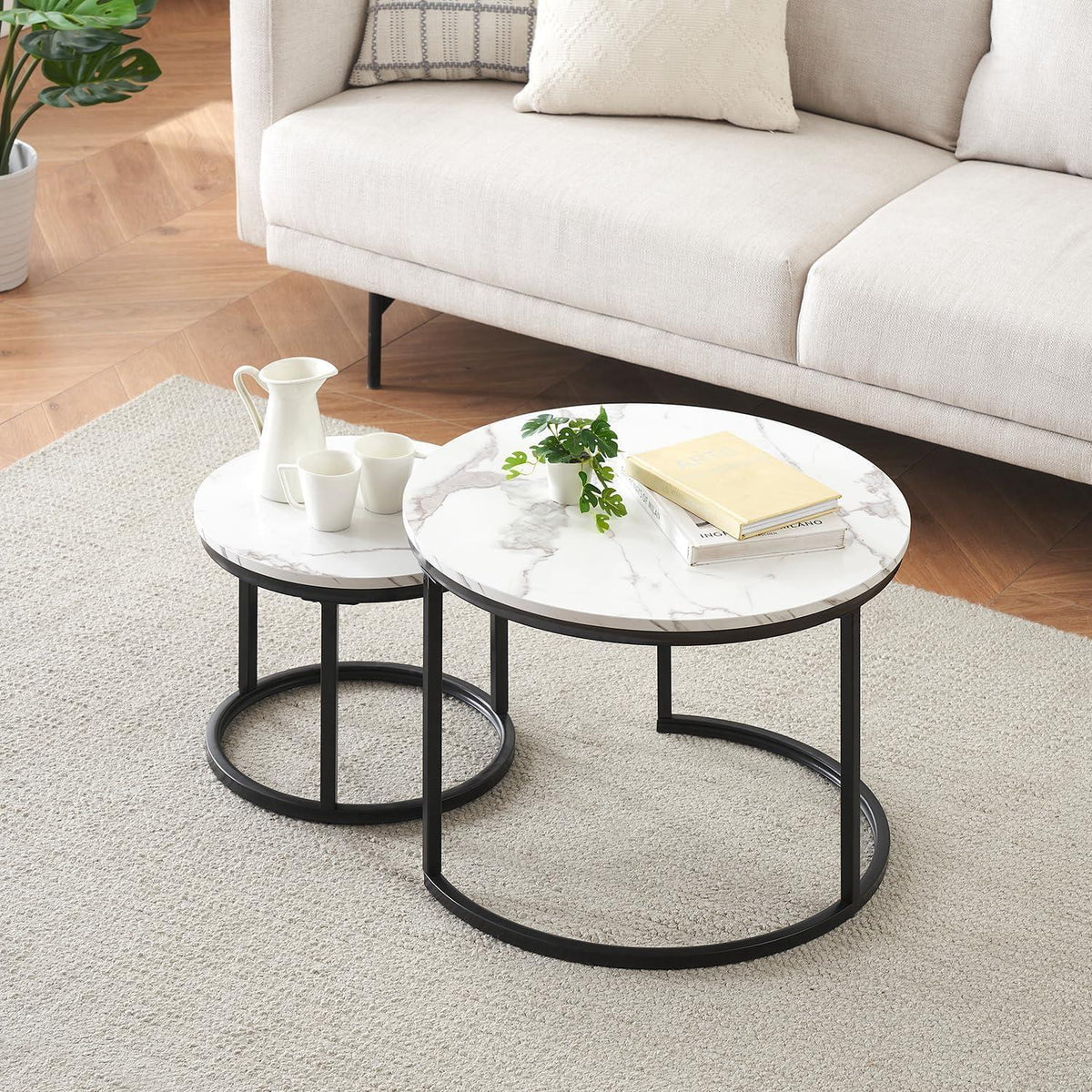 Runder Couchtisch Marmor Optik 2er Set Schwarz Weiß