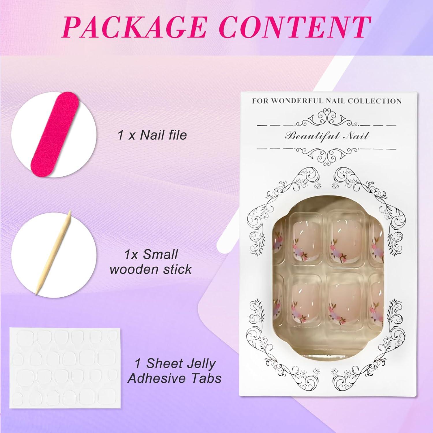 24x Künstliche Nägel Eckig Nude Glänzend mit Klebepads & Blumen