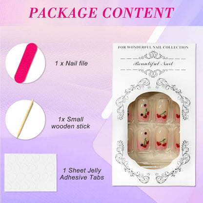 24 Stück French Künstliche Nägel Kurz Nude Kirsche Design Rosa Rand