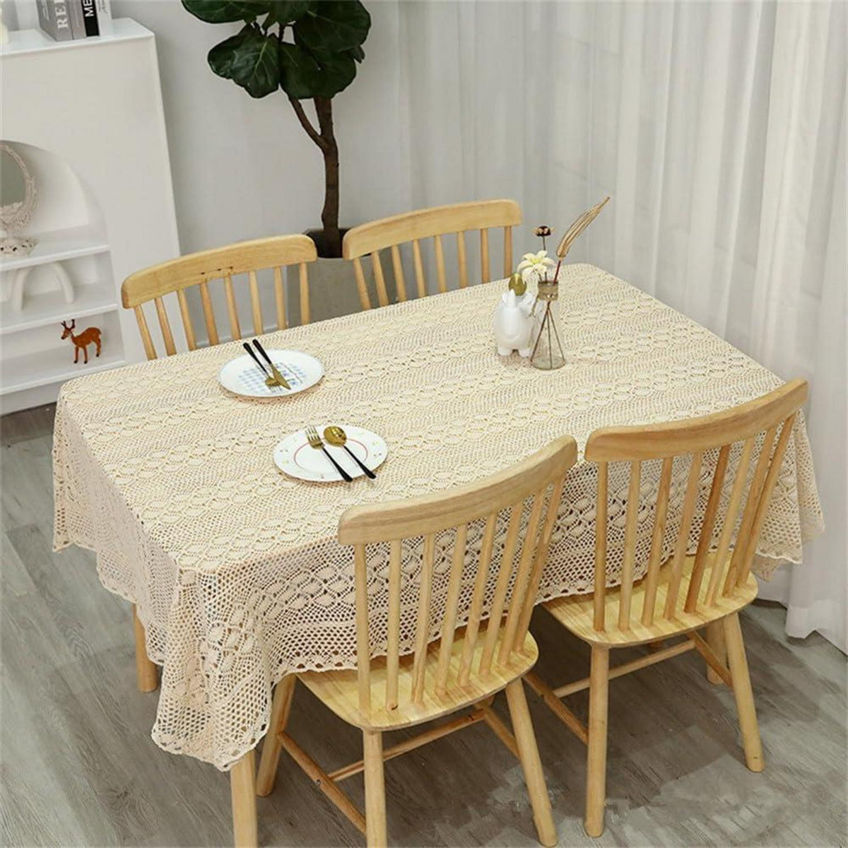 Rechteckige Häkel Tischdecke Beige Baumwolle Vintage Spitze 100x140cm