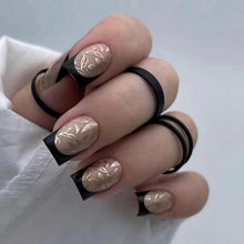 24 Stück Press on Nails Kurz Eckig Nude French Schwarz Gold Blätter