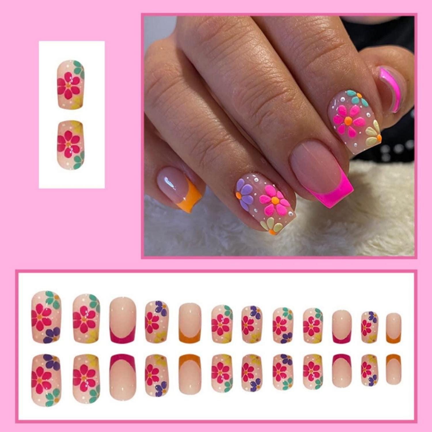 24 Stück Blumen Nägel Aufkleben - Kurz Eckig Muster Glossy Fake Nails French