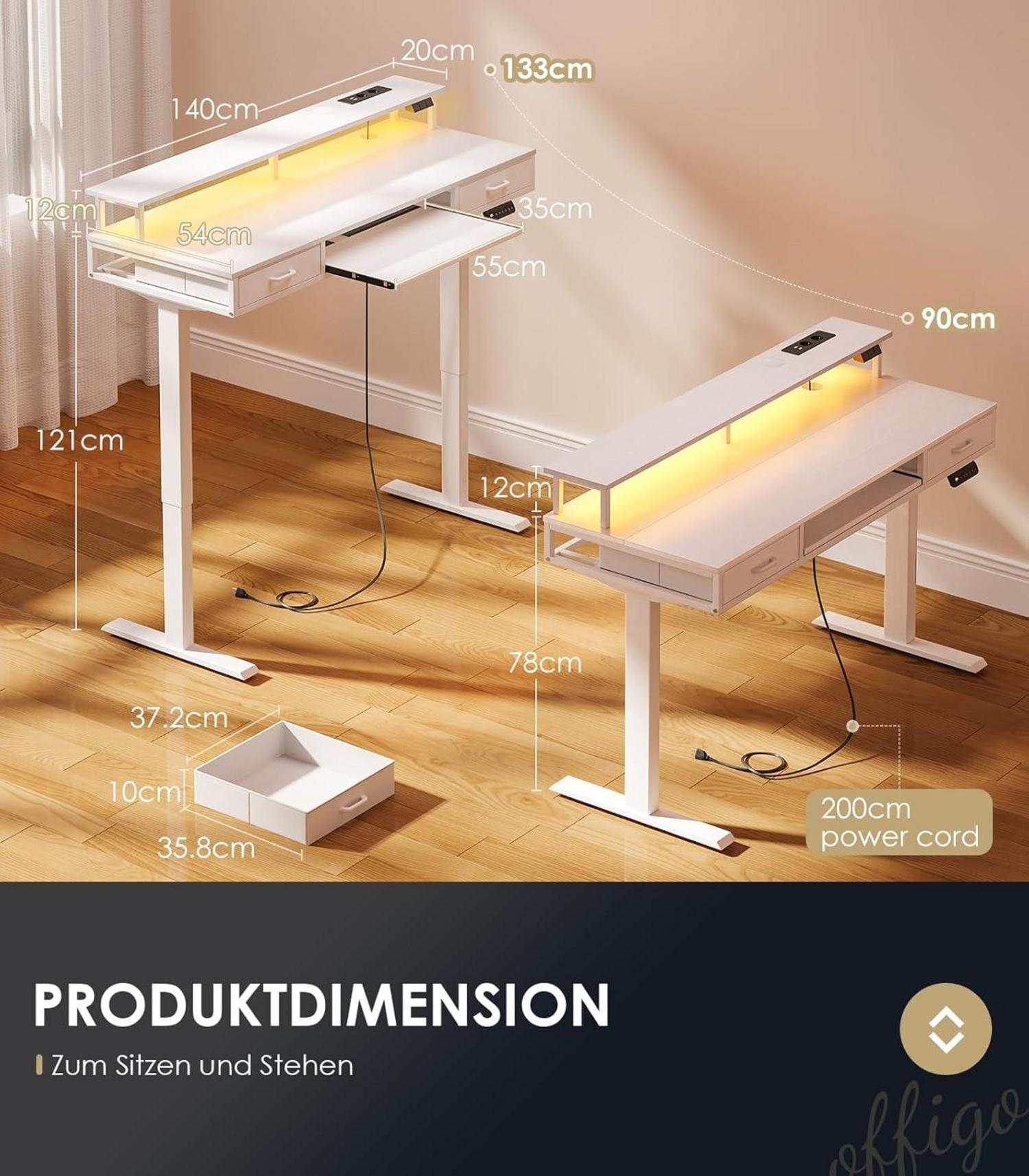Schreibtisch Höhenverstellbar 140 cm mit Schubladen und