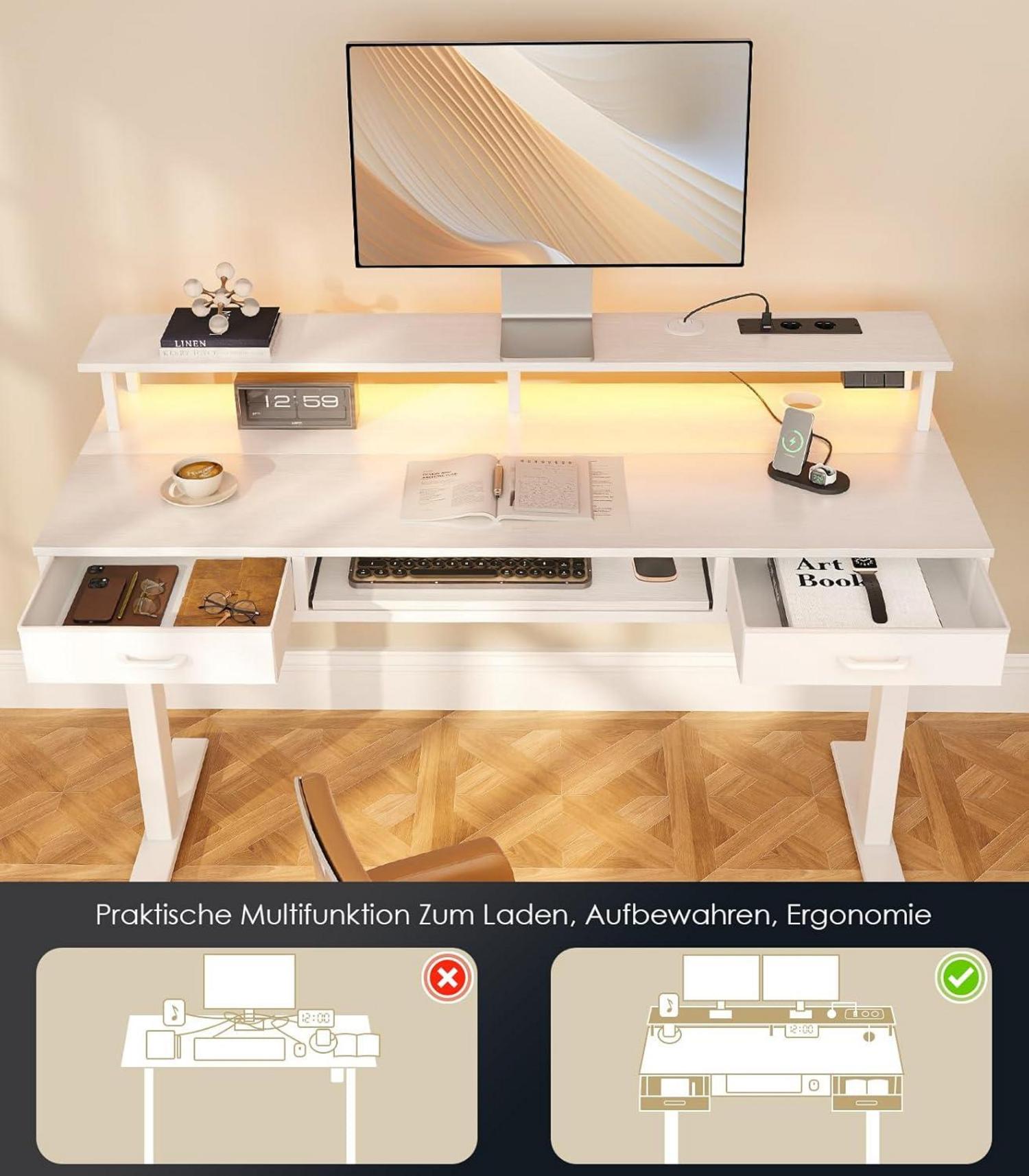 Höhenverstellbarer Schreibtisch 140cm mit Schubladen und